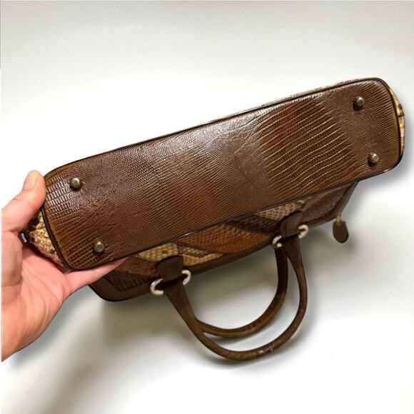 Supreme Vintage Patchwork Snakeskin Leather Handbag Brown Tan Top Handle Purse - Picture 7 of 12